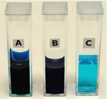 Photograph showing 3 cuvettes containing (A) the pigment as received at 15% w/v, (B) the sample as measured 1.5% w/v and (C) the sample diluted to 0.0015% for measurement on a conventional 90° DLS instrument.