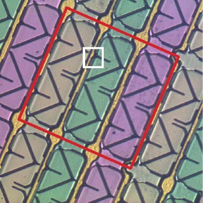 Optical microscopy image of an LCD panel. The image (660 µm x 660 µm; shown here at 120-fold magnification) was recorded using a Nanosurf easyScope. A single LCD "pixel" is enclosed in the large red box. The smaller white box corresponds to the area that can be typically covered by the scan range of an AFM. The result of such a scan is shown in Figure 2.
