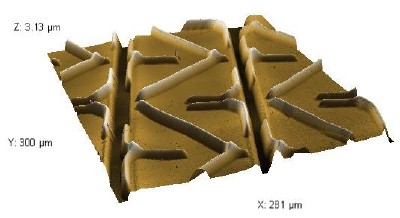 3D representation of a stitched AFM image. The image (corresponding to the stitching result in Figure 4), shown here at 200-fold magnification, demonstrates how easily high-resolution 3-dimensional data can be acquired using the Nanosurf Nanite B AFM and an automated translation stage. It also demonstrates how seamless the result of the stitching process is.
