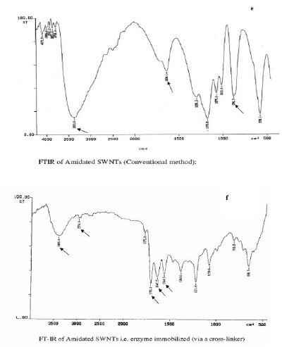 FTIR spectra of: (a) Pristine SWCNTs (b) Pure GOD (c) Carboxylated - SWCNTs (d) Acylated - SWCNTs (e) Amidated - SWCNTs (via cross-linker) (f) Amidated - SWCNTs (Conventional method)
