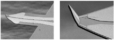 Scanning Electron Microscopy (SEM) images of an Anasys thermal probe. (Left) Entire cantilever. (Right) Magnification of the tip.