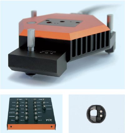 Nanosurf components required for SThM measurement. (Top) The Nanosurf easyScan 2 FlexAFM scan head. (Bottom left) The easyScan 2 Signal Module A. (Bottom right) The FlexAFM Cantilever Holder ST.