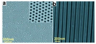 SEM images of pore structures of nanomembranes (alumina oxide) fabricated by self-ordering electrochemical anodization. A) top surface and b) cross-section