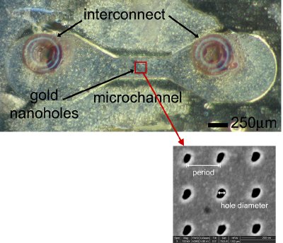 Top down photograph of enclosed microchannel with integrated snap-in-place interconnect structures and gold nanohole array. The inset shows a close-up scanning electron microscope image of a nanohole array with period = 500 nm.