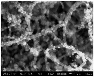 Palladium nano-particles attached on the CNT-foam material of Figure 1. This structure shows exceptionally high catalytic activity, and has many potential applications.