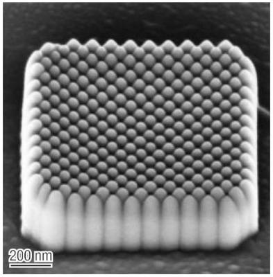 A 1 µm X 1 µm square of Electron Beam deposited silicon oxide pillars. The patterning angle within the square shape was set to 45°, with spacing chosen to have the pillars just contacting.