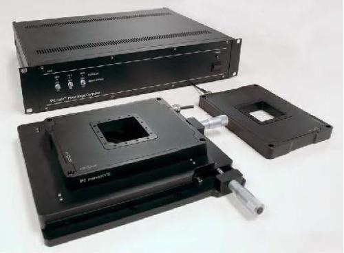 Background: The piezo controller is included and comes with a 24-bit resolution USB port as well as ethernet, RS-232 and an analog interface. Foreground: The optional M-545 manual XY stage provides a stable platform for the the PInano™ piezo stage. R2 piezo stage versions (60x60 mm aperture) shown.