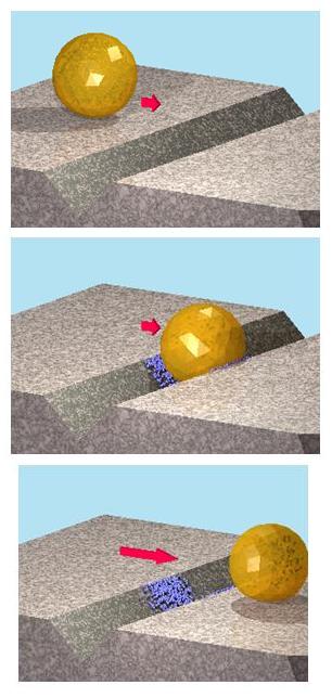Graphical output from the simulation showing the fluid-driven motion of a capsule on a damaged surface; time increases going from left to right. The images depict the capsule