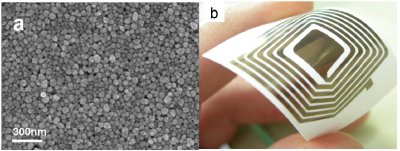 A printed layer composed of closely packed silver nanoparticles and inkjet printed RFID antenna.