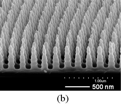 Scanning electron microscope (SEM) images of 3-D nanostructures of various sidewall profiles and tip sharpness created on silicon substrates1,2. Well-regulated nano-periodic structures with superior control of the structural three-dimensionality can be conveniently created on a large sample area (up to 4"x4" substrate) by combining the Bosch DRIE process with a laser interference lithography. The laser interference lithography can define a uniform array of photoresist nanopatterns (line, pillar, or holes), where a pattern periodicity is determined by the laser wavelength and the angle between two interfering beams. The nanostructures shown in the figures are tall pillar structures (~500 nm in height) in a square array of ~200 nm in periodicity.