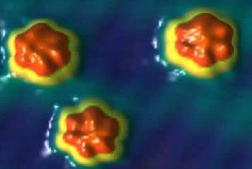 STM image of three molecular rotors, just 1 nanometer wide, spinning at over 1,000,000 times per second when heated to a temperature of 78 Kelvin (-320 F).