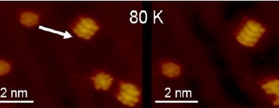 STM images showing how a spinning molecular rotor can be "braked" by physically moving it towards a chain of static molecules.