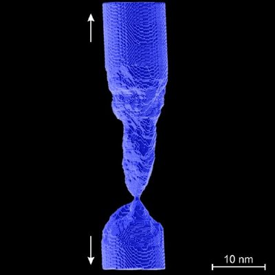 Atomic-level computer simulation of plastic deformation and ductile fracture in a periodically-twinned gold nanowire under pure tension.
