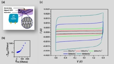 (a) Artist rendition of EDLC formed by aligned MWNT grown directly on metals (b) An electrochemical impedance spectroscopy plot showing low ESR of such EDLC devices and (c) very symmetric and near rectangular cyclic voltamograms of such devices indicating impressive capacitance behavior.