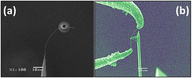 Nano-devices fabricated and tested by use of a SEM based nanomanipulation system. (a) NT/sphere force sensor device, see reference [7] for details. (b) Carbon nanotube prototype nano-knife