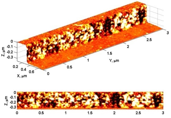 3D AFM image of the sidewall of a photoresist line.