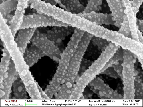 Electrospun nylon nanofibres, coated with antibacterial silver nanoparticles, make an effective sterilizing air filter. Image credit: Cornell Centre for Materials Research.