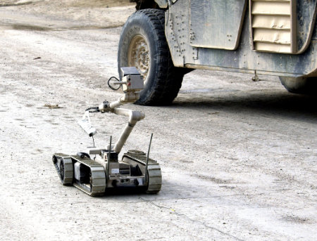 Sensitive portable explosive sensors could be attached to bomb disposal robots like this one, to help soldiers identify IEDs remotely.