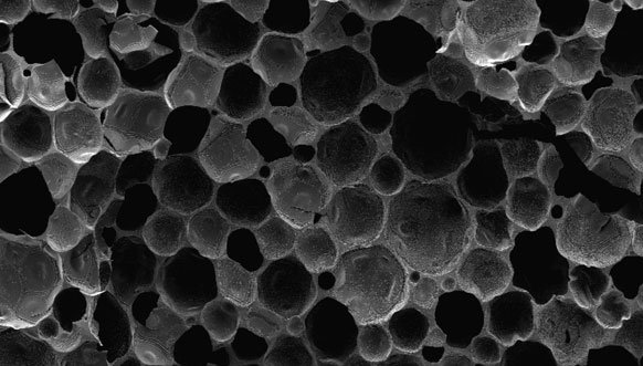 Scanning electron microscope image of newly developed foam biomaterial with just the right amount of random stickiness so that stem cells can adhere and grow into mature tissue cells.