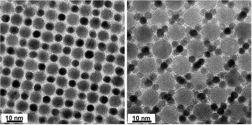 Examples of binary nanoparticle superlattices. Left: superlattice assembled from PbSe and Au nanoparticles is isostructural with CuAu intermetallic compound. Right: superlattice assembled from magnetic Fe2O3 and Au nanoparticles is isostructural with CaB6.