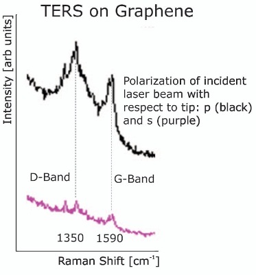 TERS spectra of graphene obtained using a gold tip and tuning fork AFM feedback. It is evident that the TERS effect only happens when the incident light was polarized along the tip axis (p-polarized) and not perpendicular to it (s-polarized).