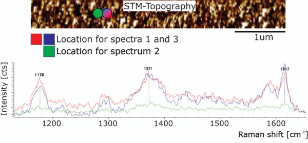 TERS spectrum of malachite green obtained using the Innova IRIS at two different locations separated by <90 nm indicated by the blue and green dots in the above SPM image. The first spectrum at location 1 is displayed in blue, the second second spectrum at location 2 in green, and the third spectrum back at location 1 is shown in red proving the sub-diffraction lateral resolution capabilities and reproducibility.