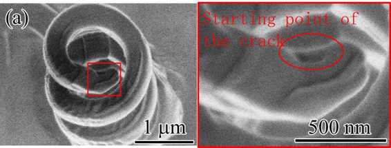 Scanning ion microscope image of a carbon nanocoil, showing the beginning of a fracture forming under tensile load.