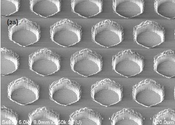 SEM Images of the structures after the etching process (a), after the growth of the first 3 pm GaN film (b), and after the growth of the additional 17 um thick GaN layer (c).