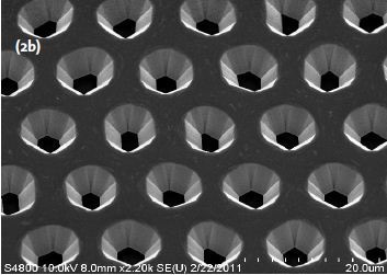 SEM Images of the structures after the etching process (a), after the growth of the first 3 pm GaN film (b), and after the growth of the additional 17 um thick GaN layer (c).