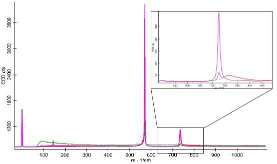 Color-coded Raman spectra corresponding to the Raman image shown in figure 5. In the zoomed view the green spectrum is omitted for clarity.
