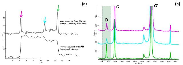 (a) Comparison of D-band intensities with the height profile along the cross-section indicated in Fig 1b. (b) Raman spectra from the positions marked in Figure 4a.