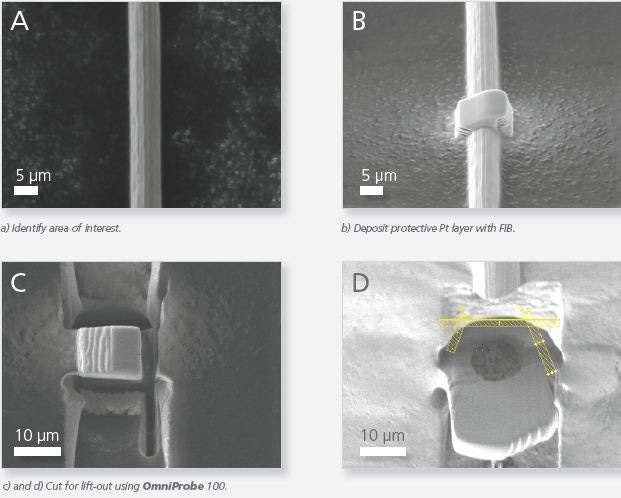 Ion images: steps of sample preparation using FIB and OmniProbe Tools.