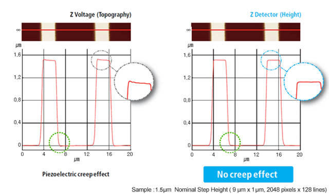 When the topography signal is the applied voltage to the Z-scanner, errors known as edge overshoot on leading and trailing edges often occur. With its industry-leading low-noise (0.2 angstrom) Z-position detector, the Park NX20 overcomes the piezo creep errors and generates topography without edge overshoots.