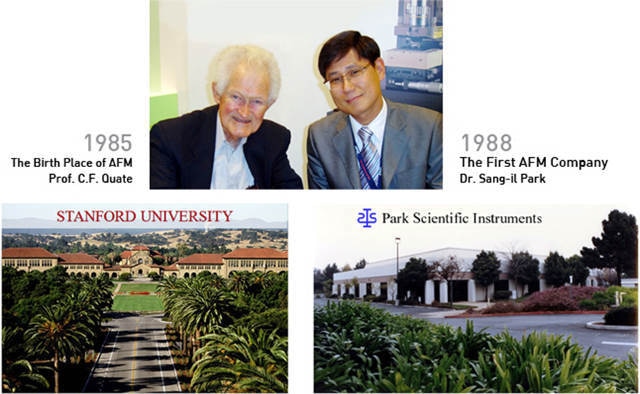 AFM was invented in Prof. Quate’s Lab at Stanford Univ. in 1986, where Sang-il Park was a graduate student in the group. Sang-il Park founded Park Scientific Instruments in 1988, and commercialized AFM, the first in the world.