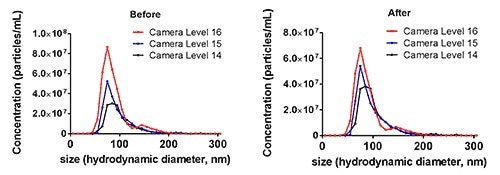 Exosome concentration data showing improved accuracy and precision after the NTA Concentration Measurement Upgrade at three different camera levels.
