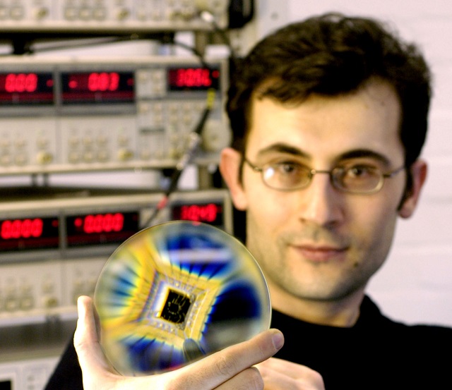 Dr Ponomarenko who carried out this work shows his research sample: graphene quantum dots on a chip.