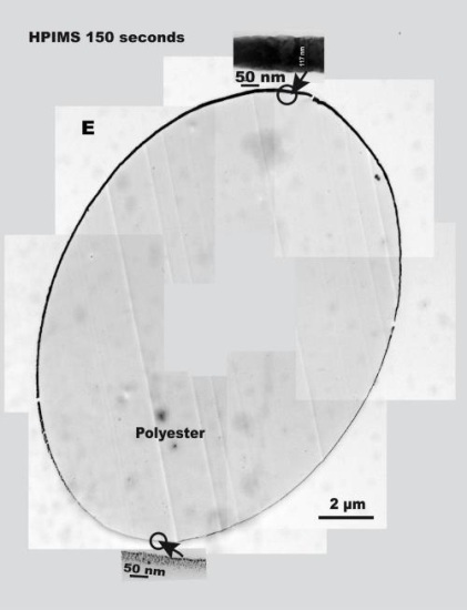 Transmission electron microscopy of Ag-polyester fibers sputtered by HIPIMS at 5A for 150s. E in stands for epoxide used during the preparation.