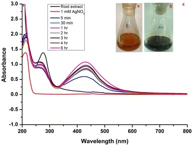 UV–Vis spectra of synthesized AgNPs using root extract: a extract; b color changed after adding AgNO3; c different incubation times