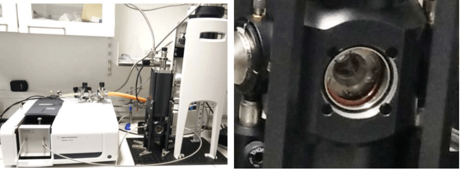 OptistatDry cryostat coupled to a Cary 60 UV-Vis spectrophometer (Agilent Technologies) by optical fibers.