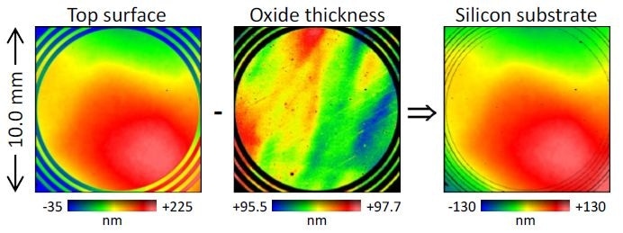 Surface, thickness, and substrate maps for oxide-on-silicon film standard measured using a 1.4X ZWF objective