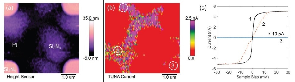 PeakForce TUNA measurement of a Pt surface partially covered by Si3N4: (a) topography; (b) TUNA currents at a sample bias of 10 mV; and (c) point-and-shoot I-V spectroscopy at selected locations in 8b (adapted from Nellist et al., Nanotechnology, 2017, 28(9), 095711, IOP Publishing30).