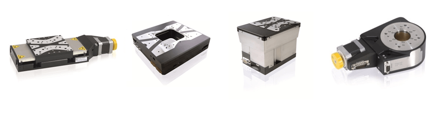 Several stepper motor driven precision positioning stages from PI miCos: (left to right) L-511 linear stage (former PRS-110), MCS Planar XY stage, L-310 Z-axis stage (former ES-100), L-611 rotation stage. (former PRS-110) (Image: PI miCos)