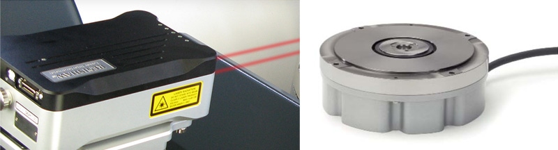 (left) Linear measuring device: Renishaw XL-80 interferometer, with reference mirror 25 mm above the motion platform. (Image: Renishaw) (right) Rotational measuring device: Heidenhain RON-905. (Image: Heidenhain)