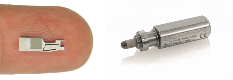 Piezo linear motors can be designed incredibly small. The inertia motor shown on the left provides provide nanometer precision and is ideal for integration into miniaturized drives and instrumentation. A miniature actuator with piezo motor is shown on the right. (Image: PI)