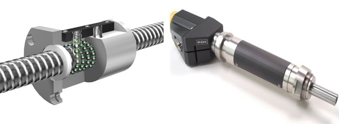 (left) Basic design of a recirculating ballscrew. (Image: THK) (right) A stepper motor driven ballscrew precision actuator, capable of sub-micrometer precise motion and high push/pull forces. (Image: PI miCos)