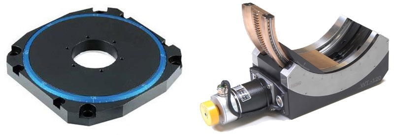 (left) U-651 low profile rotation stage based on ceramic direct-drive motors. (Image: PI) (right) High precision motorized goniometer cradle. (Image: PI miCos)