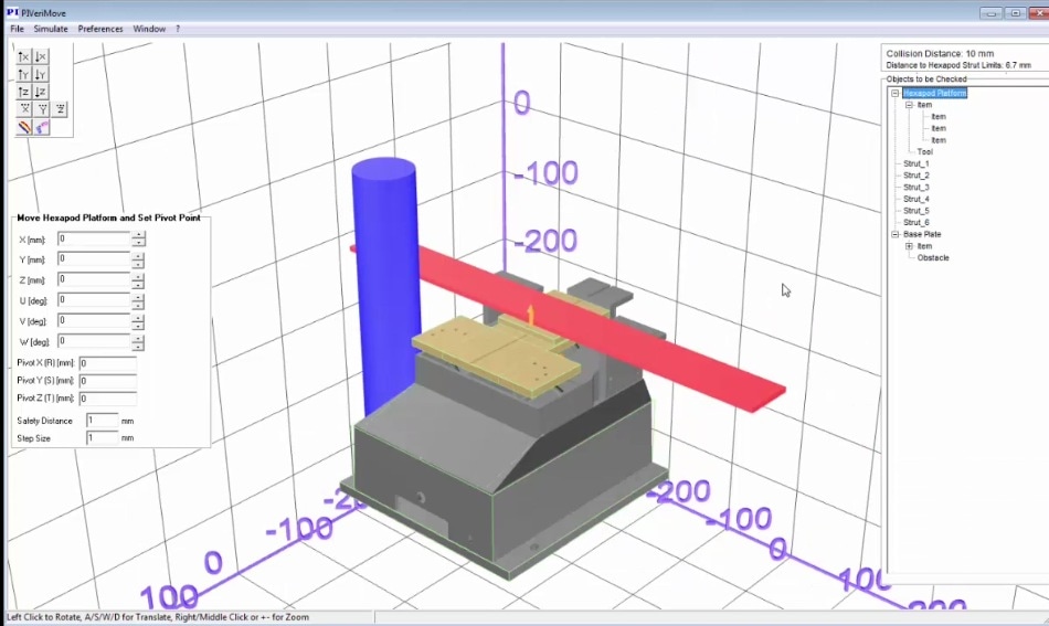 PIVerimove software tool allows simulation of interference between fixtures mounted on any PI hexapod and external obstacles. Example shows H-206 photonics alignment hexapod. (Image: PI)
