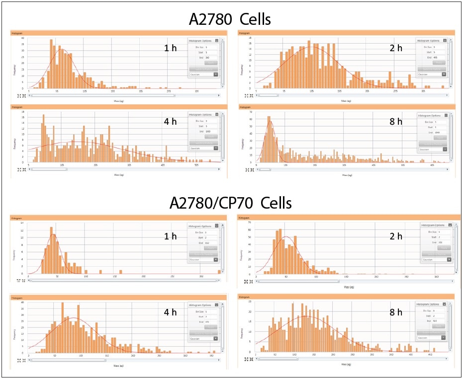 Cellular cisplatin uptake in A2780 and A2780/CP70 over time. Note: samples on different scales.