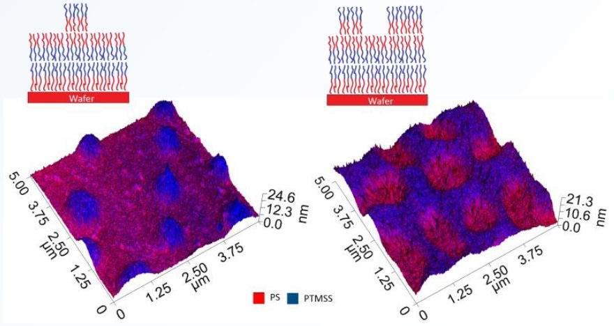 Chemical map data overlaid on 3D topography renderings of both sample types.