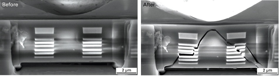 Beam 1 before and after mechanical testing, and the corresponding load vs. displacement curve. Interfacial delamination is observed between the Cu layers and the brittle dielectric.